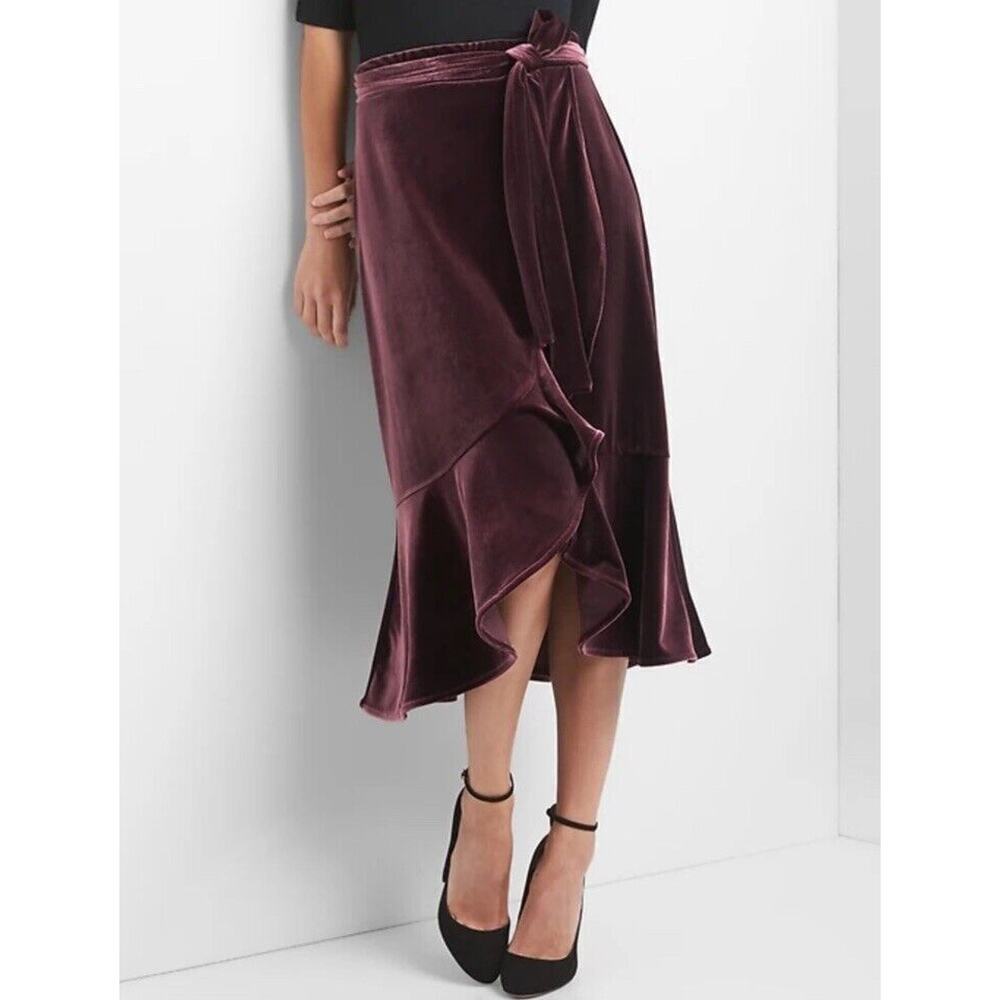 Gap Velvet Wrap Midi Skirt Size Small‎ Vamp Red Tie Waist Ruffle Elastic Waist